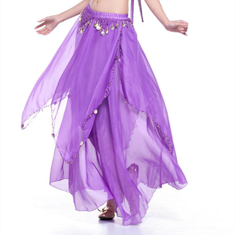 ダンススカート レディース ベリーダンス オリエンタル インド舞 シフォン ダブルレイヤー コイン装飾 ..