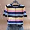 トップス レディース 半袖 Tシャツ カットソー 接触冷感 サマーニット レインボーストライプ 着痩せ オフィスカジュアル 通勤 普段使い 春夏