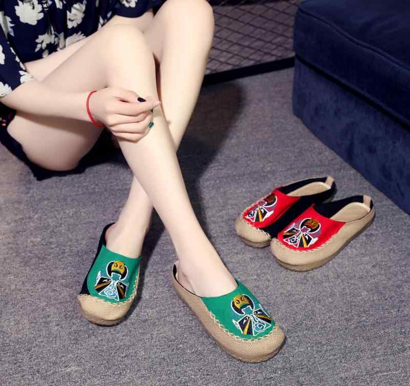 サンダル スリッパ レディース レディース用 麻 リネン 草編み 手編み 刺繍 エスニック 民族風 京劇風 つま先カバー サボ風 ゆったり 楽ちん 夏用