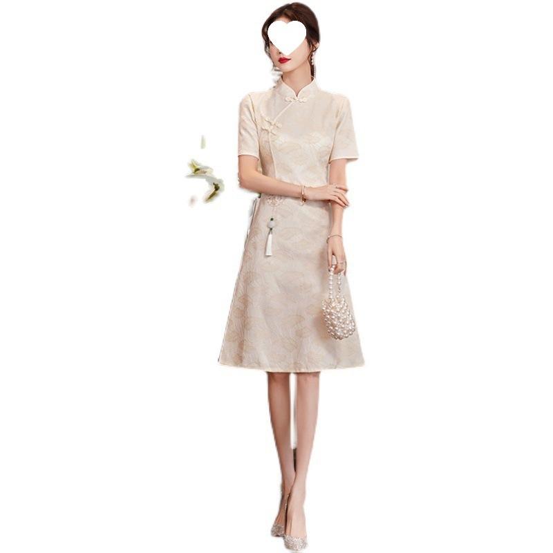 チャイナドレス レディース 女性用 大きいサイズ ゆったり ぽっちゃり 体型カバー 着痩せ 細見え モダン 無地 半袖 ミディ丈 Aライン スタンドカラー ハイウエスト コットン 綿 アイボリー レトロ 中国風 普段使い