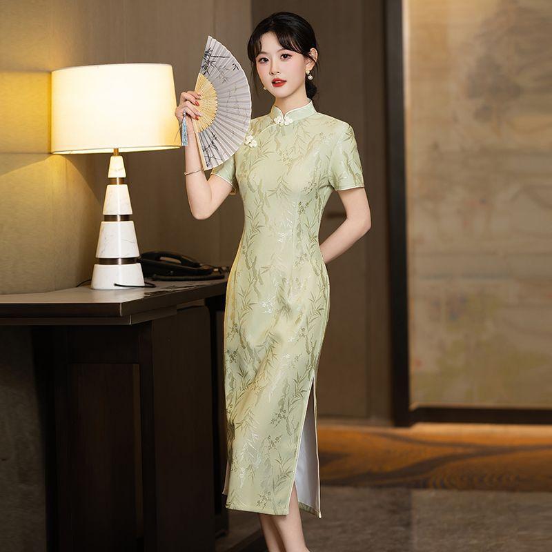 チャイナドレス レディース グリーン 上品 高級感 POLO襟 五分袖 ミドル丈 スリット入り ワンピース 受験 合格祈願 普段使い 日常着用 大きいサイズ ゆったりサイズ 体型カバー 清楚系 フェミニン