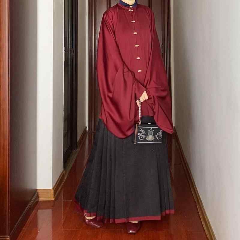 漢服 レディース 明朝様式 立ち襟 前合わせ ショート丈ブラウス 琵琶袖 サテン パイピング配色襟 ゆっ..