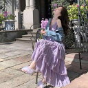 ワンピース レディース フレンチガーリー 若見え キャミソール ティアード ロング丈 夏 リゾート ゆったり 小柄 ホワイト ポリエステル 無地 刺繡 レース ハイウエスト