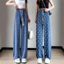 カジュアルパンツ レディース 接触冷感 ワイド ストレートパンツ 夏 デニム風 とろみ感 スポーツ リラックス 普段使い 薄手 ハイウエスト ポリエステル ストレッチ 虫よけ