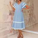 ワンピース 欧米風 ゆったり ルーズ Vネック 半袖 ロング丈 マキシ丈 Aライン ティアード カジュアル リゾート ビーチスタイル ウェーブ柄 ストライプ柄 ポリエステル