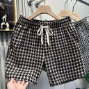 ショートパンツ メンズ 千鳥格子柄 レトロ 夏用 ハーフ丈 ルーズフィット カジュアル スポーツ ビーチ ポリエステル素材 ストレートシルエット 高級感 おしゃれ 普段使い アウトドア ブラック