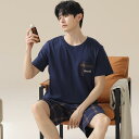 パジャマ メンズ 男性 ルームウェア 部屋着 寝巻き 綿100% 半袖 ショートパンツ セットアップ 上下セット カジュアル ワンマイルウェア 通気性 快適 夏用 クルーネック 丸首(x2)