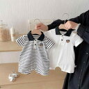 ロンパース 男の子 ベビー 新生児 乳児 夏用 半袖 薄手 コットン 綿素材 カジュアル かわいい ポロ襟 ストライプ プルオーバー カバーオール(x2)
