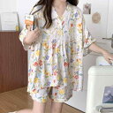 ルームウェア レディース 大きいサイズ プラスサイズ 上下セット 夏 薄手 半袖 ショートパンツ Vネック 総柄 再生繊維 ゆったり 部屋着 ワンマイルウェア パジャマ 女性用 かわいい スウィート おうち時間