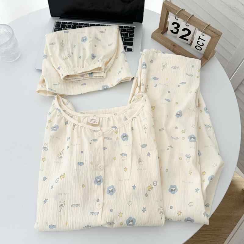 ルームウェア レディース 半袖 長ズボン 3点セット 夏用 薄手 ソフトタッチ ポリエステル混 接触冷感 クルーネック ワンマイルウェア 快適 カジュアル 部屋着 パジャマ