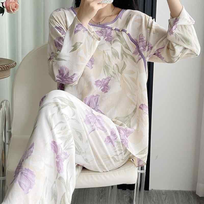 パジャマ レディース 長袖 ロングパンツ ルームウェア 部屋着 上下セット 春夏 再生繊維 綿 薄手 ゆったり リラックス 接触冷感 涼しい 新中式 和風モダン オリエンタル柄 外出着 ワンマイルウェア ラウンドネック