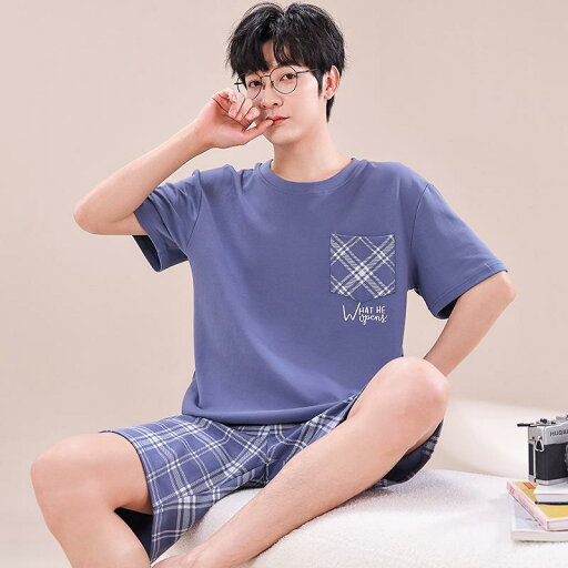 パジャマ メンズ 半袖 ショートパンツ 上下セット 綿100% 薄手 クルーネック ブルーチェック柄 通気性 快適 ワンマイルウェア ルームウェア カジュアル 部屋着 パジャマ メンズ 半袖 ショートパンツ 上下セット 綿100% 薄手 クルーネック ブルーチェック柄 通気性 快適 ワンマイルウェア ルームウェア カジュアル 部屋着