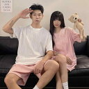 パジャマ 男女兼用 韓国ファッション カップル 夏用 丸首 ジャガードコットン 半袖 ショートパンツ ビッグシルエット ゆったり ルームウェア セットアップ 部屋着 ワンマイルウェア おうち時間 無地 大きいサイズ かわいい リラックスウェア