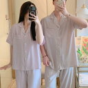 ルームウェア カップル ペア パジャマ メンズ レディース 夏 半袖 ロングパンツ 上下セット 綿混 再生繊維 薄手 涼しい 快適 ゆったり リラックス シンプル カジュアル 韓国風 部屋着(x2)