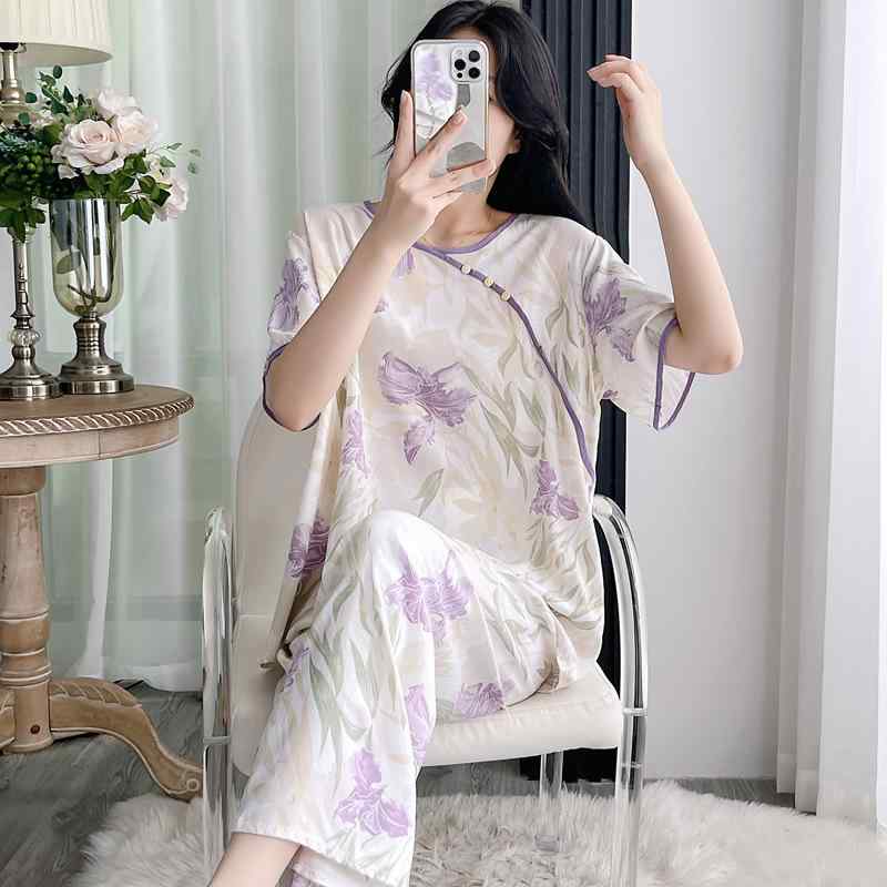 パジャマ レディース 綿レーヨン 半袖 長ズボン 薄手 通気性 接触冷感 ゆったり 丸首 ルームウェア 部屋着 上下セット リラックスフィット 新中国風 夏用