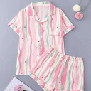 パジャマ レディース 半袖 ショートパンツ 上下セット 薄手 夏用 前開き ルームウェア ポリエステル 綿混レーヨン かわいい 開襟 通気性 快適 ストレッチ ゆったり ストライプ ハート柄