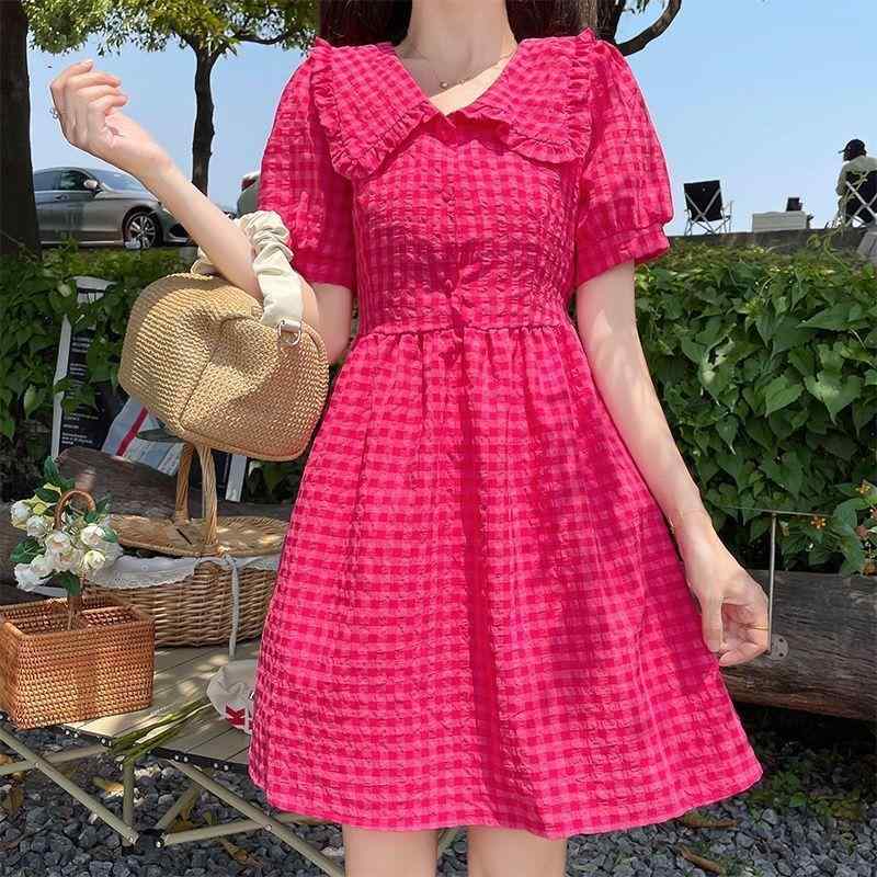 ワンピース レディース 大きいサイズ 若見え 高級感 ラズベリー パフスリーブ 夏 着痩せ 細見え フレンチガーリー ドールカラー ロング丈 Aライン 綿 コットン チェック柄 フリルデザイン 半袖 ハイウエスト ウエストリボン