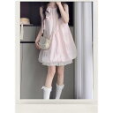 ワンピース レディース かわいい ピンク リボン バルーンシルエット 半袖 ショート丈 ポリエステル ゆったり 着痩せ効果 丸首 無地 普段使い お出かけ ストリートカジュアル Aライン