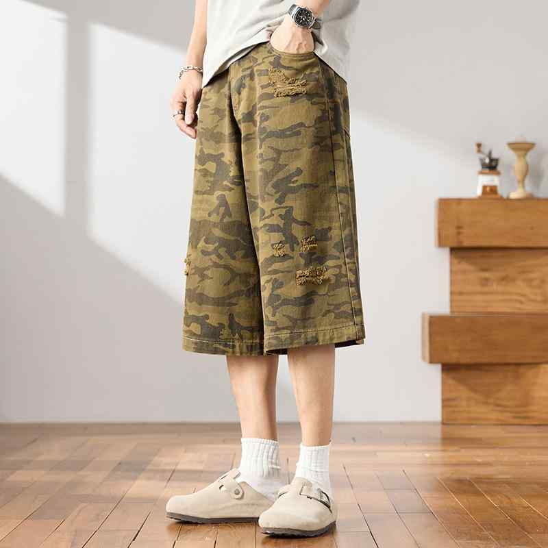 ワークパンツ メンズ 七分丈 クロップドパンツ カーゴパンツ アメリカンストリート 迷彩柄 ダメージ加工 ルーズフィット ワイドシルエット コットン100% 通気性 シワになりにくい ミドルウエスト ストレート 普段使い カジュアル