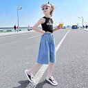 デニムパンツ 女の子 ジュニア キッズ 夏用 薄手 軽量 接触冷感 ひんやり クロップドパンツ ハーフパンツ 五分丈 コットン 綿混 柔らかい肌触り ソフト加工 ミドルウエスト ゴムウエスト カジュアル 普段使い デイリー ボトムス ブルー