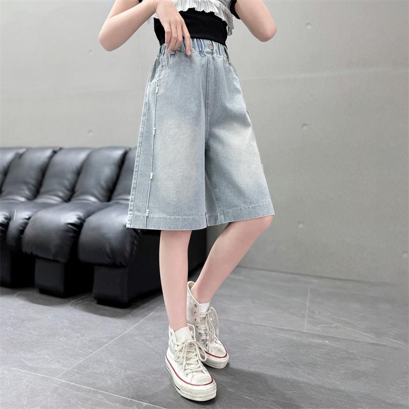 デニム ショートパンツ ガールズ キッズ 薄手 夏用 ゆったり ルーズ カジュアル 韓国風 おしゃれ ミドルウエスト ウエストゴム 柔らかな肌触り ブルー