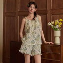 パジャマ レディース 女性用 夏 高級感 カップ付き キャミソール ノースリーブ ショートパンツ 2点セット ルームウェア 部屋着 セットアップ 薄手 ポリエステル素材 Uネック 快適 涼しい 外出着