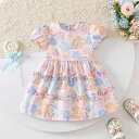 ワンピース 女の子 ベビー キッズ 子供服 プリンセス風 キャラクター 小花柄 フラワー プリント フリル 薄手 夏 綿 コットン 快適 着心地良い お出かけ着 ピンク
