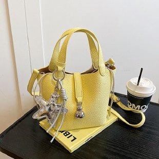 バケツバッグ レディース ライチ型押し カゴバッグ風 韓国風 手提げ 斜め掛け ショルダーバッグ ワンシ..