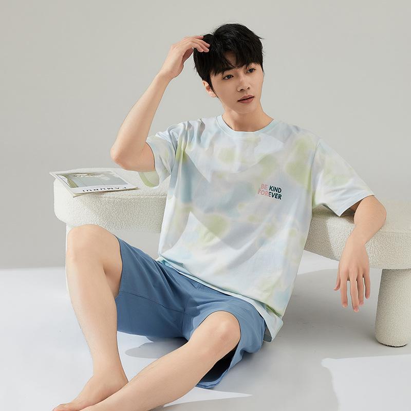 パジャマ メンズ 男性用 接触冷感 綿素材 コットン 半袖 ショートパンツ 短パン 2点セット 上下セット 夏用 涼しい 快適 ルームウェア 部屋着 カジュアル 外出対応 丸首 クルーネック ブルー 青