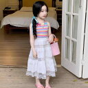 ワンピース キッズ 女の子 ベビー 夏服 スイート ガーリー レインボー ストライプ リボン キャミソール レースフリル Aライン ロング丈 綿 コットン やわらか素材 おしゃれ かわいい