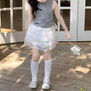 キッズ 女の子 スカート ティアード チュール プリンセス インナーパンツ付き レース フリル ポリエステル素材 スウィート ガーリー かわいい 優しい肌触り ふんわり ホワイト 夏物(x2)