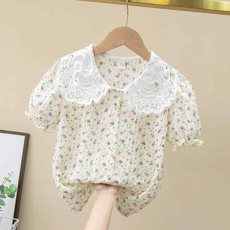 ブラウス キッズ 女の子 夏物 半袖 小花柄 シフォン ポリエステル素材 襟付き カジュアル 上品 かわいい 柔らかい肌触り