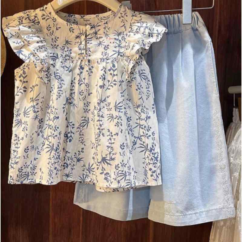 セットアップ 女の子 キッズ ジュニア カジュアル 上下セット 夏 花柄 フリル袖 半袖 チュニック ブラ..