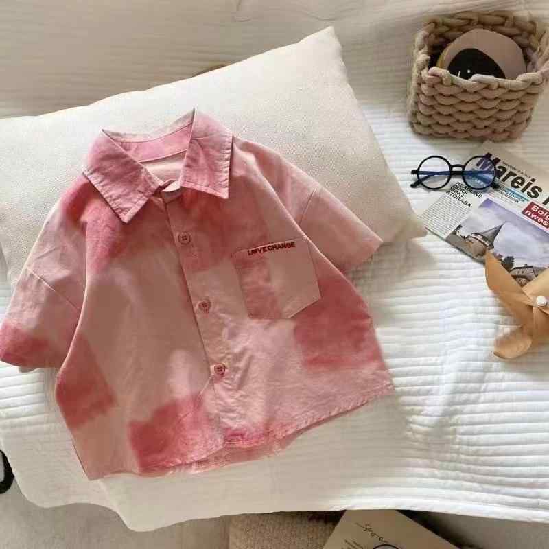シャツ 男の子 キッズ ボーイズ 半袖 花柄シャツ 柄シャツ 絞り染め タイダイ柄 韓国風 夏物 薄手 綿 コットン 柔らか素材 通気性 襟付き 開襟 普段使い カジュアル ピンク系