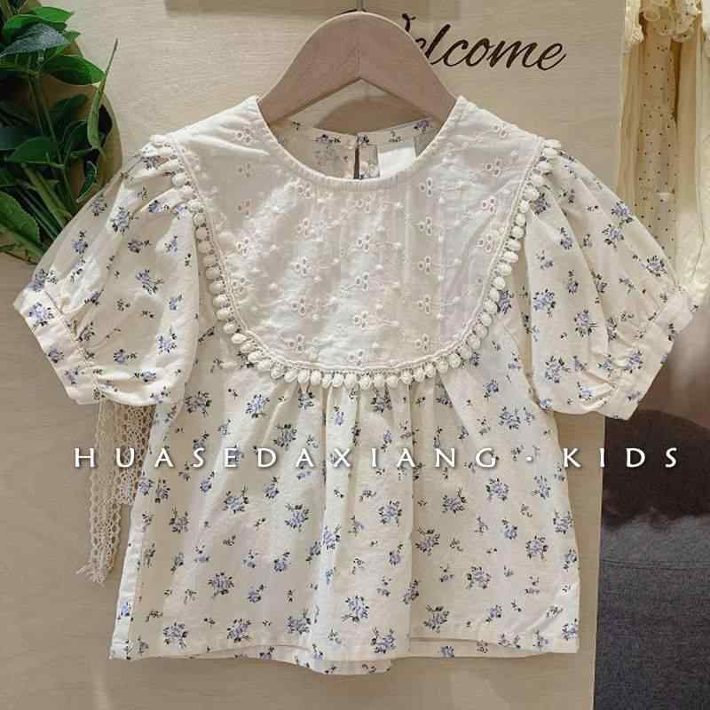 ブラウス 女の子 半袖 丸襟 小花柄 刺繍 コットン 綿素材 夏服 涼しい 快適 ナチュラル 清楚 かわいい ..