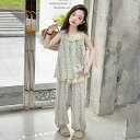 セットアップ 女の子 子供 キッズ 夏服 フレンチスタイル 小花柄 ノースリーブ フリルブラウス 長ズボン 綿素材 薄手 普段使い カジュアル 2点セット