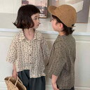 シャツ キッズ 男の子 女の子 半袖 小花柄 花柄プリント アシンメトリーヘム 変形デザイン 綿 コットン素材 ナチュラルスタイル 春 夏服 普段使い お出かけ ベージュ くすみグリーン