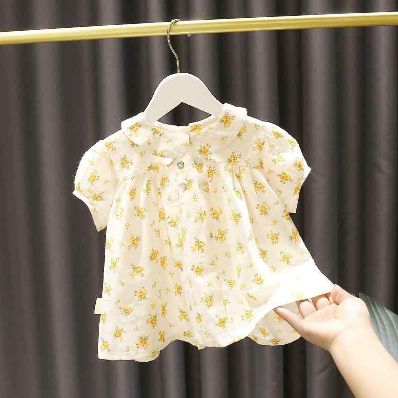 ブラウス 女の子 キッズ 子供 半袖 ドールカラー 襟付き 小花柄 綿 コットン 夏服 おしゃれ かわいい カジュアル トップス 普段使い お出かけ 黄色