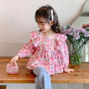 キッズ 女の子 ブラウス 長袖 小花柄 スクエアネック プリンセス風 かわいい 綿 コットン 秋物 おしゃれ 通学 普段着