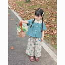 キッズ 女の子 夏物 セットアップ 半袖 ブルー シャツ 花柄 パンツ 綿 コットン素材 薄手 軽量 清涼感 普段使い 通学着 デイリーユース