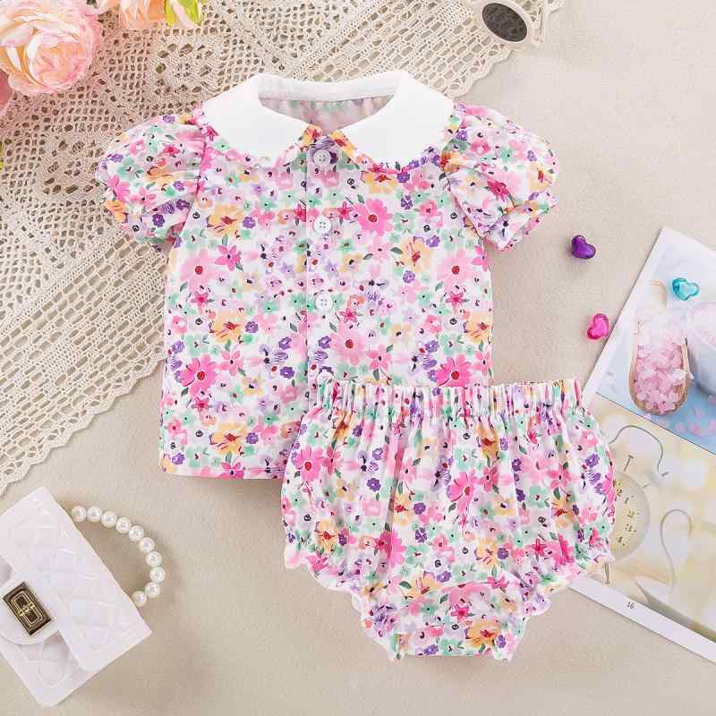 ベビー服 女の子 幼児 小花柄 半袖 ブラウス 襟付き 丸襟 パフスリーブ ショートパンツ 上下セット 2点セット ポリエステル 柔らか素材 韓国風 ピンク 夏