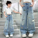 パンツ キッズ 女の子 夏用 デニムパンツ テンセル 綿 コットン ワイドストレート ウエストゴム ミッドウエスト 柔らかい肌触り かわいい キャラクター アニマル柄 サンドウォッシュ加工 中大童