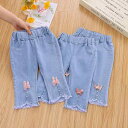 女の子 キッズ デニムパンツ 綿95% ゆったり 薄手 七分丈 クロップド丈 夏用 普段使い カジュアルスタイル ウエストゴム ミドルウエスト カートゥーン柄