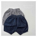 キッズ 男女兼用 綿麻 デニム ハーフパンツ 六分丈 ショートパンツ 夏物 ゆったり おしゃれ カジュアル 細チェック デニムブルー かぼちゃパンツ バルーンパンツ