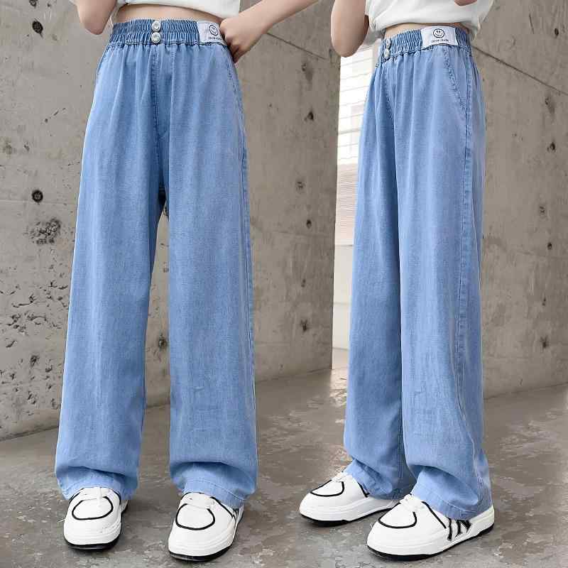 デニムパンツ 女の子 キッズ ジュニア 夏 接触冷感 薄手 綿 コットン ストレート ワイドパンツ ゆったり ルーズ カジュアル 普段使い 小学生 中学生 通学 ブルー