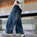 デニムパンツ キッズ 男女兼用 韓国風 ストリート系 バナナシルエット ゆったり ルーズフィット コットン 無地 小中学生向け 通学 普段使い ウエストゴム 長ズボン 青