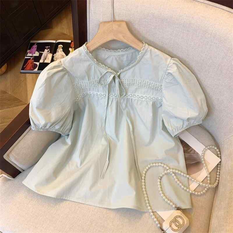 ブラウス キッズ 女の子 夏物 ゆったり パフスリーブ 半袖 無地 ラウンドネック ドールブラウス Aライン チュニック おしゃれ カジュアル