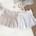 ブラウス 女の子 ベビー 丸首 かわいい 小花柄 フリル袖 ティアード 刺繍 スモック コットン100% 柔らかい肌触り 春 夏 普段使い プリンセス風 ピンク系 ホワイト(x3)