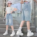 パンツ 女の子 女児 デニム 五分丈 ハーフパンツ 薄手 薄地 夏物 ジュニア 中大児 ボトムス 普段使い カジュアルスタイル 涼しい 通気性 ソフトな肌触り ウエストゴム イージーウエスト ミドルウエスト 子供服
