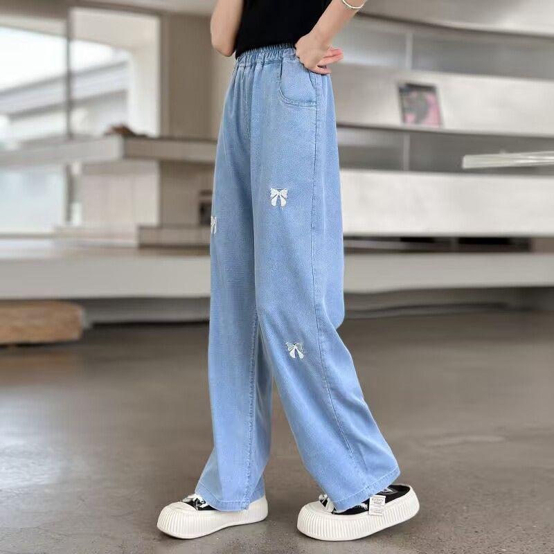 デニムパンツ 女の子 キッズ 小学生 中学生 ジュニア 夏用 カジュアル 普段使い テンセル 再生繊維 薄手 快適 吸湿速乾 柔らか加工 ウエストゴム ハイウエスト 長ズボン 防虫加工